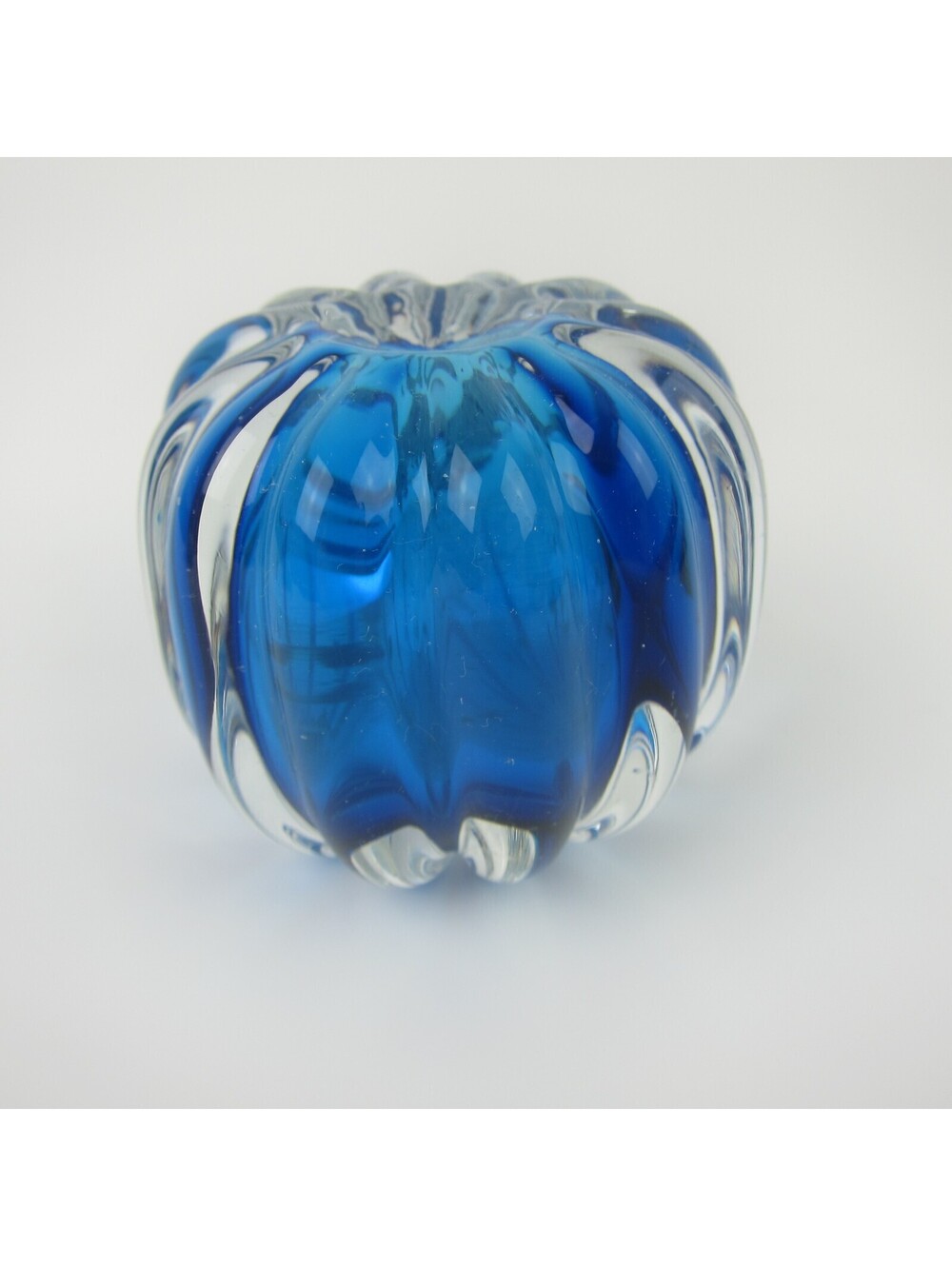 Vintage Art Glass Paperweight Clear Ridged Pumpkin Cobalt Blue Swirl Center 2.5"